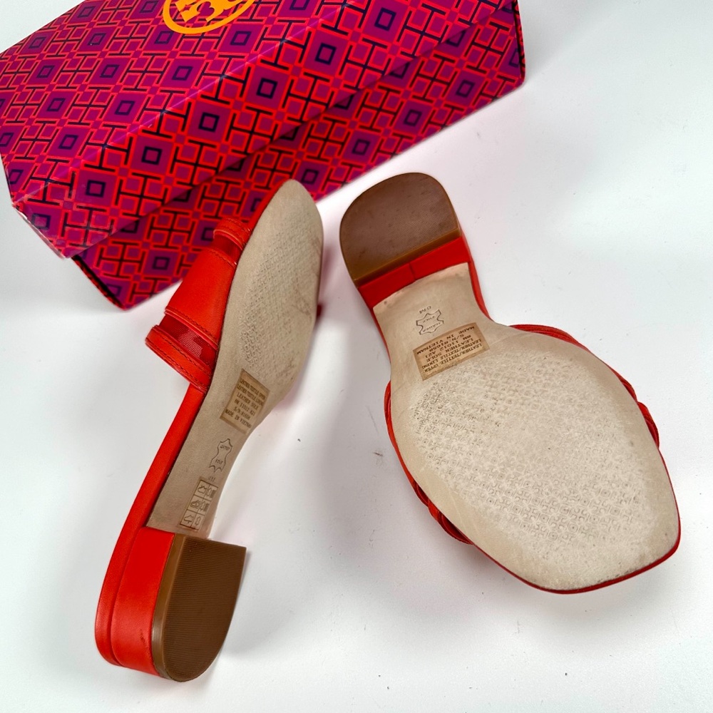 NIB Tory Burch Stitched Logo 30 mm Slide Sandals Calf Leather/Mesh Patent - Picture 4 of 11